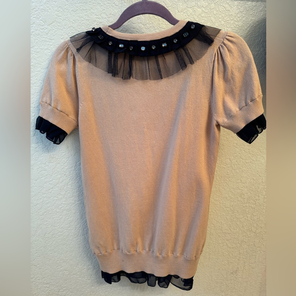 Short sleeve sweater top, pink/navy blue ruffle, rhinestones, size small - Picture 2 of 7
